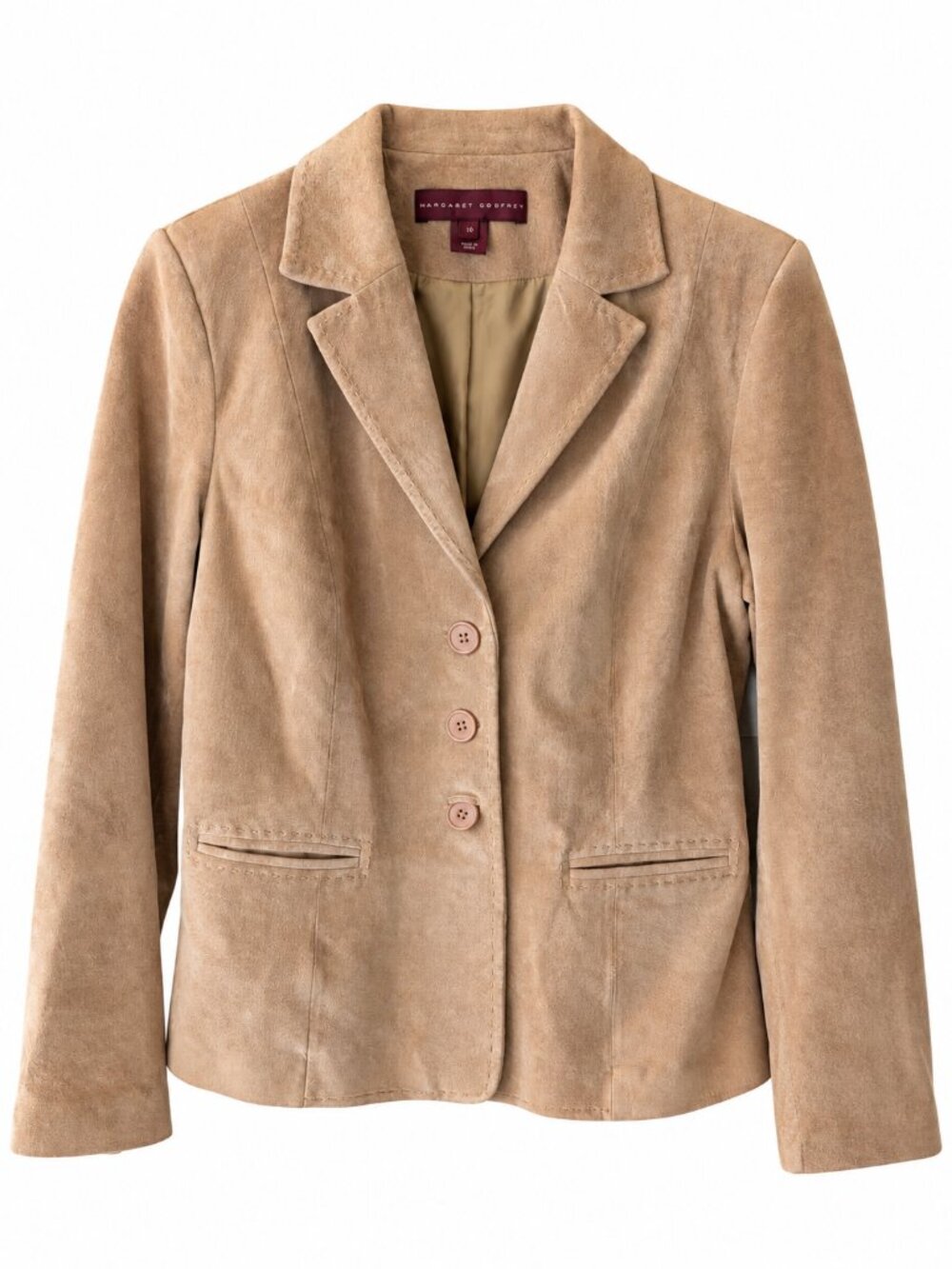 Margaret Godfrey Tan Suede Leather Blazer Jacket 3-Button Lined Size 14